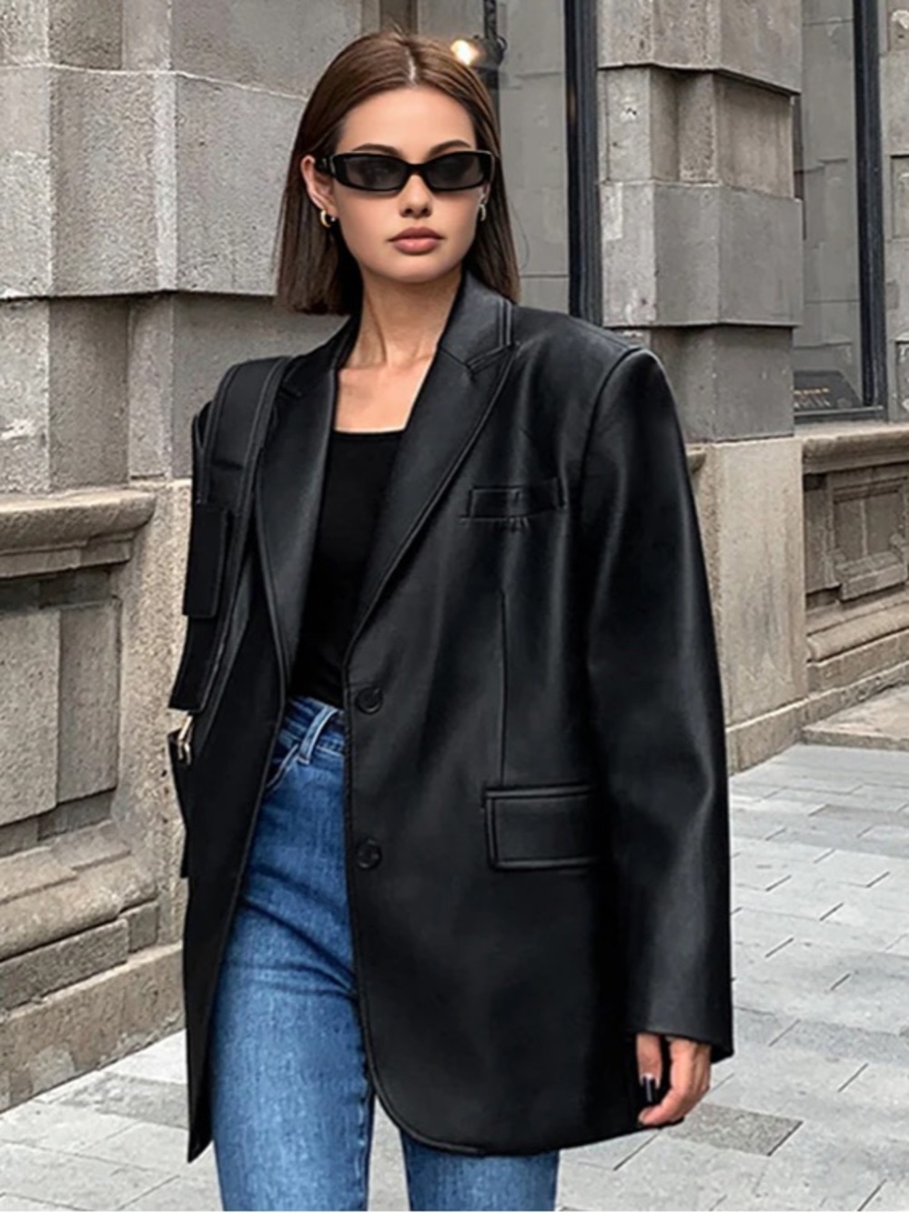Commense Lapel Pockets Faux Leather Blazer Jacket NWT Womens Size Large